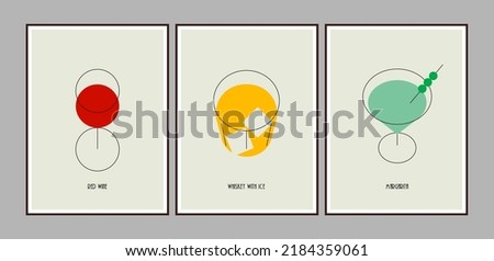 Set of minimalistic cocktail posters with  red wine and whiskey and margarita cocktail glasses isolated on light background for bar or pub or restaurant decoration or wall art print.