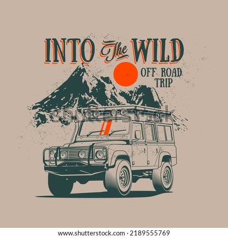 Vintage styled off road 4x4 expedition or trip illustration with retro SUV car with mountains landscape on background for t-shirt print or poster design. Vector illustration