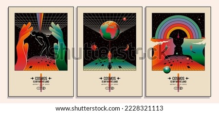Retro abstract space with human silhouette in space poster or cards set for book cover or music album cover. Abstract cosmos. Vector illustration