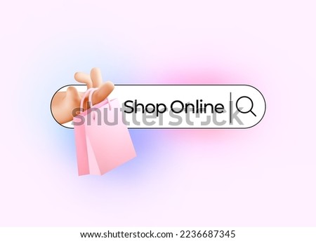 Online product search or online shopping concept with hand with shopping bag web coming out from searching bar. Vector illustration