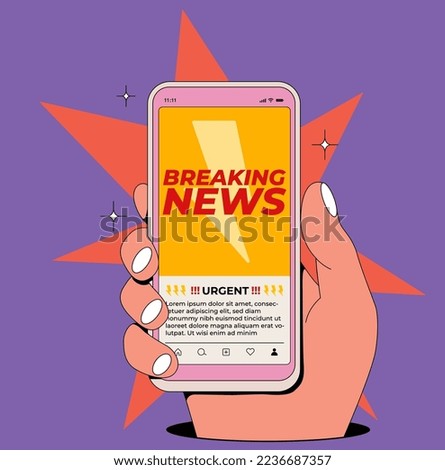Breaking news post or website concept with hand holding smartphone with breaking news banner information on the screen. Vector illustration in cartoon style