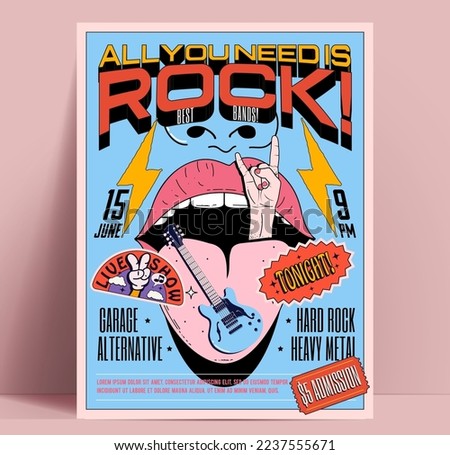 Retro rock music party or concert poster or flyer design template with vintage rock and roll graphic elements on blue background. Vector illustration