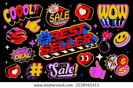Retro bright colored best seller shopping sales sticker pack with vector nostalgic icon templates for season sale, shop discount, product promo. Vector illustration