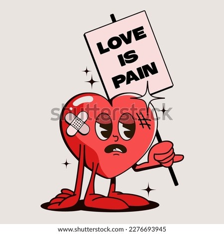 Unhappy love or broken heart concept with retro cartoon heart character with traces of beatings holding table with sign love is pain isolated on light background. Vector illustration