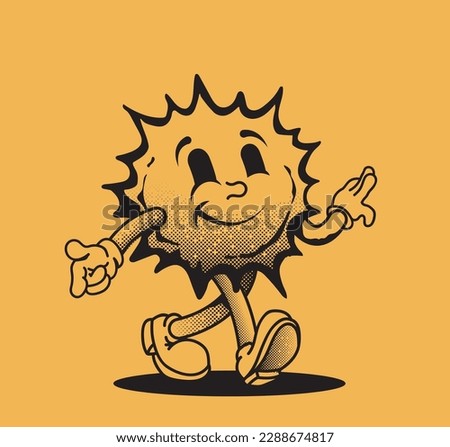 Retro styled smiled funny sun cartoon character on walk for t-shirt or poster design isolated on yellow background. Vector illustration