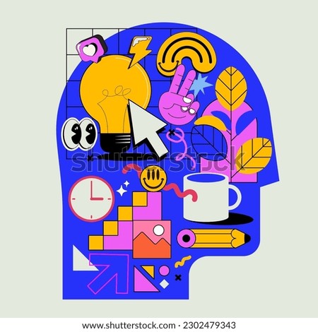 Creative mind or brainstorm or creative idea or learning concept with abstract human head silhouette with bulb lamp surrounded abstract creative shapes in bright colors. Vector illustration