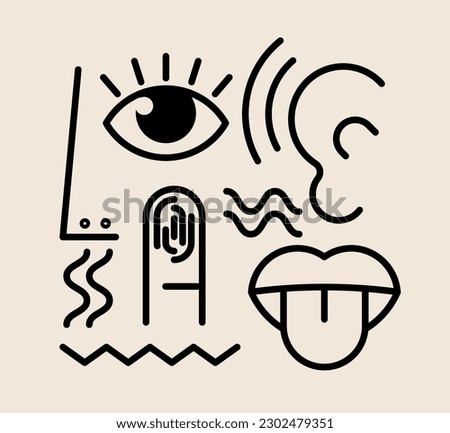Five human senses icon composition. Mouth to taste, nose to smell and ear to hearing and hand to touch and eye for vision. Outlined human sense organ symbols or icons on white. Vector illustration