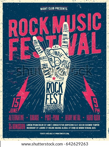 Rock Music Festival Poster, Flyer. Vintage Styled Vector Illustration.