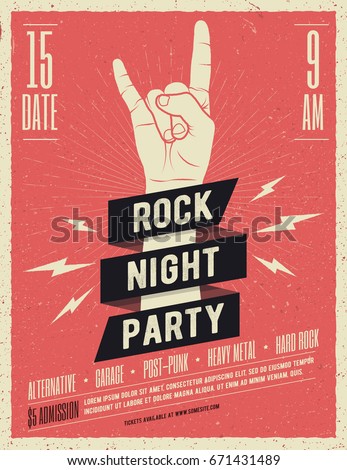 Rock Night Party Poster. Flyer. Vintage Styled Vector Illustration.