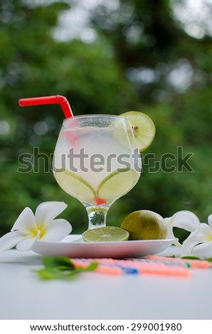 lemon cocktail drink in front of a green tree on a garden