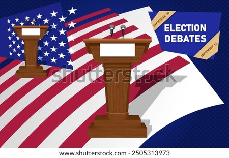 Presidential debate dark blue background with two podiums, flag, stars. Nameplate with text. Geometry, antisymmetry. US elections, voting. Vector illustration.