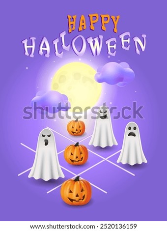 Illustration of a Halloween poster in the style of a tic-tac-toe game.Happy Halloween with pumpkin jack-o-lanterns, ghosts and a big moon with clouds.For trick-or-treating and October 31 celebrations