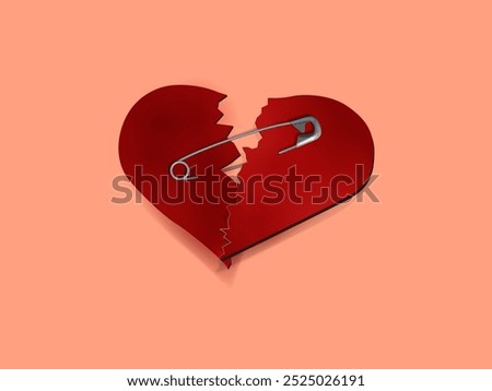 Two halves of a red paper heart are fastened with a pin. Broken, fractured heart. Heartache. Couple's relationship problems. Treat heart troubles.Vector