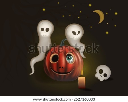 Two ghosts with skulls sit on a pumpkin.The pumpkin has a carved face and one eye in its socket.The background from a half moon, yellow stars,tree branches and a burning candle in the front.Halloween