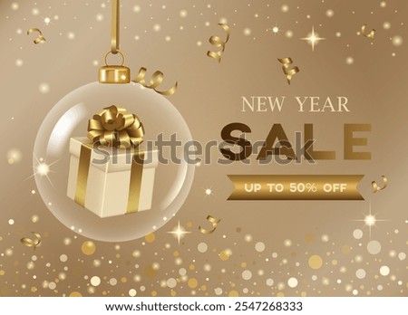 Christmas transparent ball with gift box inside it. Lots of glitter and golden shine.New Year sale 50% off ,on gold background banner template design with xmas and festive holiday special elements