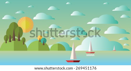 summer landscape, sunny day, the river on which the floating boats with sails and a river with green forest on the horizon