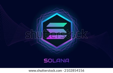 Solana (SOL) logo.Crypto currency purple theme background.Neon design.