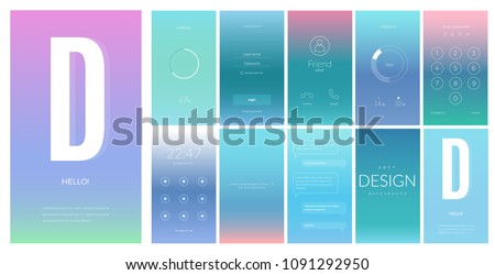 Modern UI, GUI vertical screen vector design for mobile app with UX and flat web icons. Wireframe kit for Lock Screen, Login page, Enter Passcode, User call, Text Messages and Stats Chart.