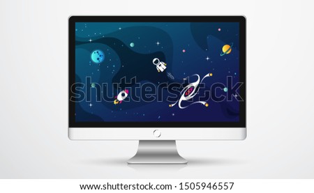 Space exploration modern background design with a Galaxy, Astronaut, Rocket, Moon, Planets and Stars in cosmos. Cute blue color template, vector illustration on a computer screen.