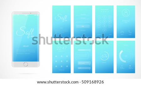 Modern UI, GUI screen vector design for mobile app with UX and flat web icons. Wireframe kit for Lock Screen, Login page, Enter Passcode, User call, Application Loading, Text Messages and Stats Chart.