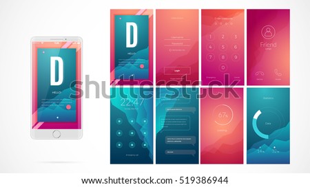 Modern UI, GUI screen vector design for mobile app with UX and flat web icons. Wireframe kit for Lock Screen, Login page, Enter Passcode, User call, Application Loading, Text Messages and Stats Chart.