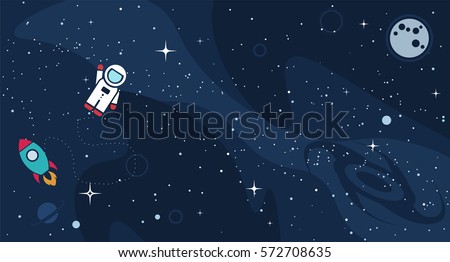 Vector flat space design background with text. Cute template with Astronaut, Spaceship, Rocket, Moon, Black Hole, Stars in Outer space