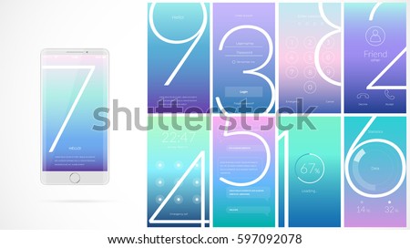 Modern UI, GUI screen vector design for mobile app with UX and flat web icons. Wireframe kit for Lock Screen, Login page, Enter Passcode, User call, Application Loading, Text Messages and Stats Chart.