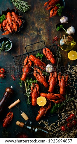 Beer party. Still life with crayfish crawfish on old wooden rustic background. Seafood. Top view. Flat lay. ストックフォト © 