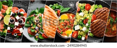 Similar – Image, Stock Photo Traditional pasta with seafood. The chef prepares a pasta marinara. The chef decorates the dish with tweezers. Spaghetti with seafood. Mediterranean Kitchen. People at work. Close-up. Body parts