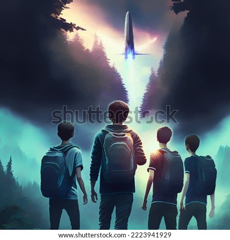 Boys Watching Mystery Alien Spaceship UFO in Forest. Adventurer Explorers Hike in Deep Forest. Concept Art Scenery. Book Illustration Video Game Scene. Serious Digital Painting. CG Artwork Background