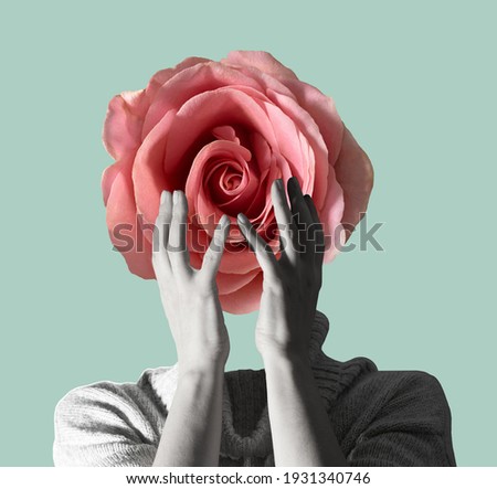 Modern conceptual art poster with a  girl with beautiful flower instead of a head and hands in a mas surrealism style. Contemporary art collage 