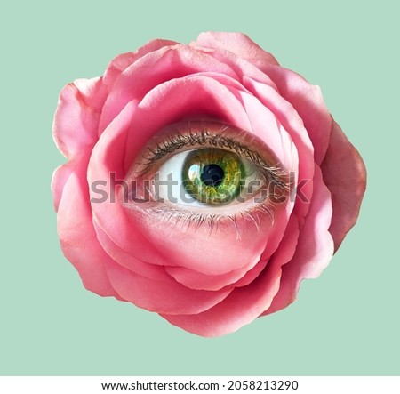 Contemporary art collage. Romantic flowers roses eye. Eyeball in flower.Modern conceptual art poster with a rose with beautiful green 
eye in a mas surrealism style.