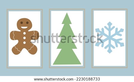 background with three frames and Christmas tree, snow frame, ginger man in blue color