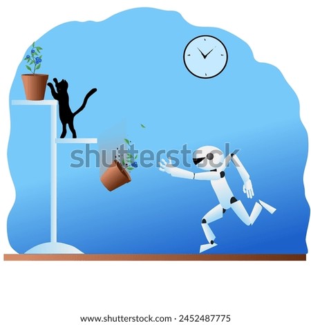 Illustration of a home robot trying to grab a flower that a cat dropped. Vector illustration: a flower in a pot falls from a shelf and flies down, and the robot character runs with his arms