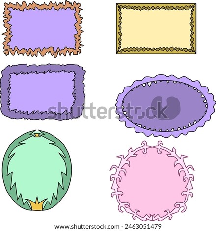 A set of frames of different colors, hand-drawn in the style of torn paper. Square and oval shape with a filled background inside for inserting text. Vector illustration a border for inserting a