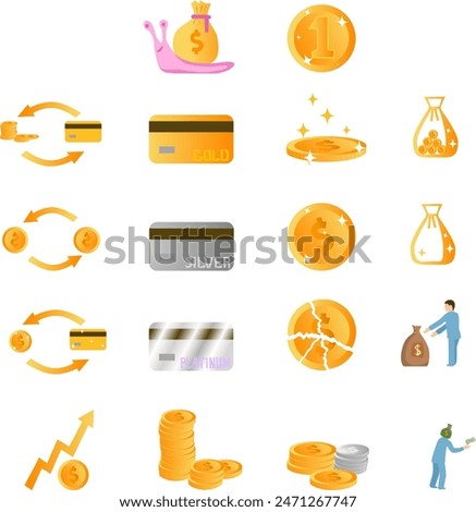 Set of Icons Finance and Savings Multiple Coins Credit Cards and Bags of Money in Gold Style. Vector illustration General points in the business sphere are short and concise