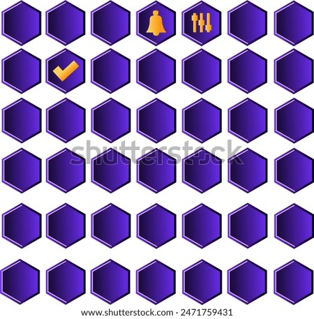 42 hexagonal office icons purple and orange shades without stroke. Vector illustration transparent bg