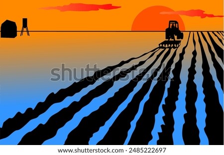 A business card or banner for farmers tillers or owners of agricultural machinery for harvesting and processing fields. Vector illustration A tractor harrows or plows a field driving towards the