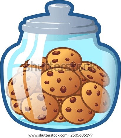 Biscuit cookies with chocolate sit in a pile in a glass cookie jar. Vector illustration jar filled with chocolate chip cookies