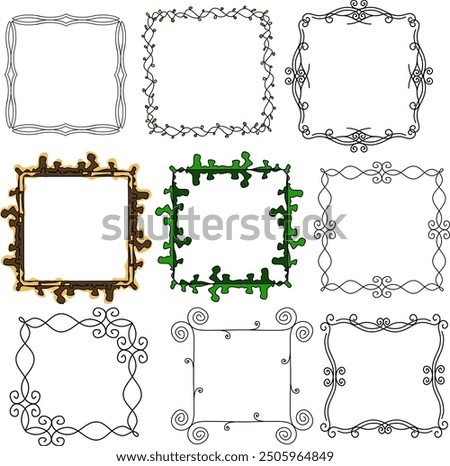 A set of carved beautiful frames with floral ornaments or abstract square patterned frames in the form of a Christmas garland. Vector illustration Beautiful carved frames to frame messages text and