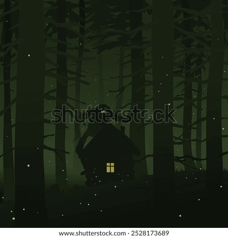 A huge shaggy monster lurked in the woods near a house with a fire in the window. Vector illustration scary pictures with monsters in the forest. The monster above the house sneaks up on the people in