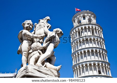 Italy - Pisa. The famous leaning tower on a perfect blue bakcground