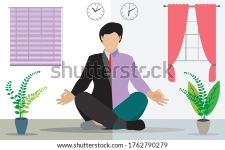 Asian concept of life and work balance through illustration. Young businesswoman doing yoga meditation. Balancing life in office and home India vector stock illustration. 