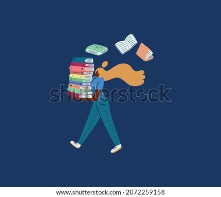 Illustration of young female carrying a pile of books on her way to school or college. Concept for students, knowledge, book day, lecture, reading, college, stories, author, fans and more.