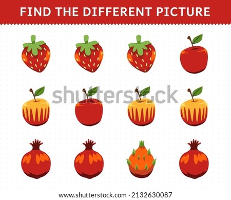 Education game for children find the different picture in each row fruits strawberry apple pomegranate dragon fruit