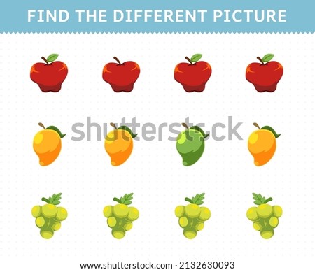 Education game for children find the different picture in each row fruits apple mango grape