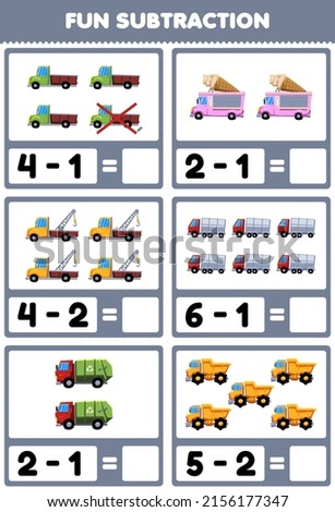 Education game for children fun subtraction by counting and eliminating cartoon truck transportation pictures
