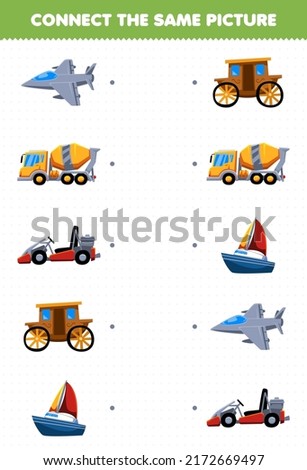 Education game for children connect the same picture of cartoon transportation jet fighter concentrate mixer truck go cart carriage sailboat printable worksheet