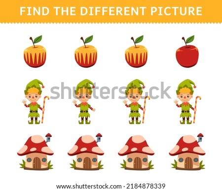 Education game for children find the different picture in each row of cute cartoon apple dwarfs costume mushroom house halloween printable worksheet