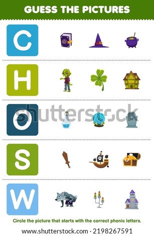 Education game for children guess the correct picture for phonic word that starts with letter C H O S and W printable halloween worksheet Stock fotó © 